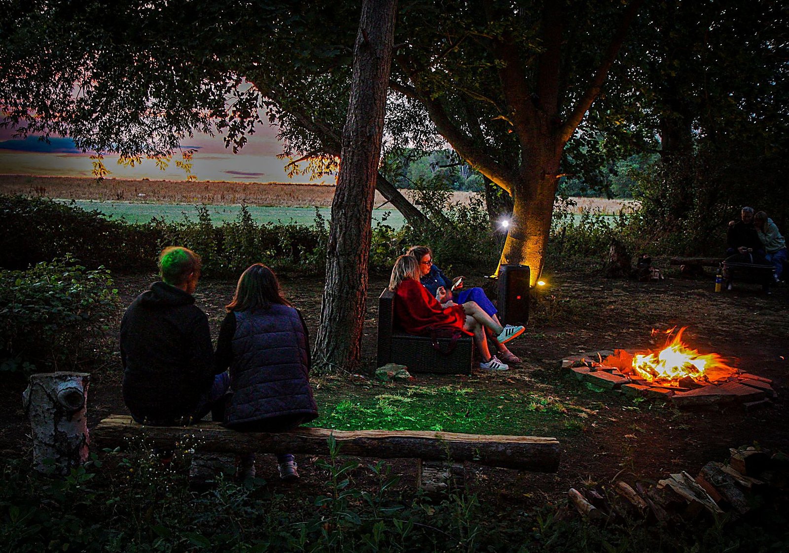 Friends gathered around a campfire at dusk
